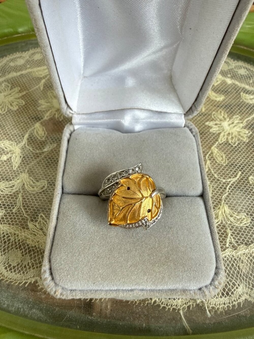 Vintage 1990s Ring 925 Sterling Gold Vermeil Leaf Ring Size size 5